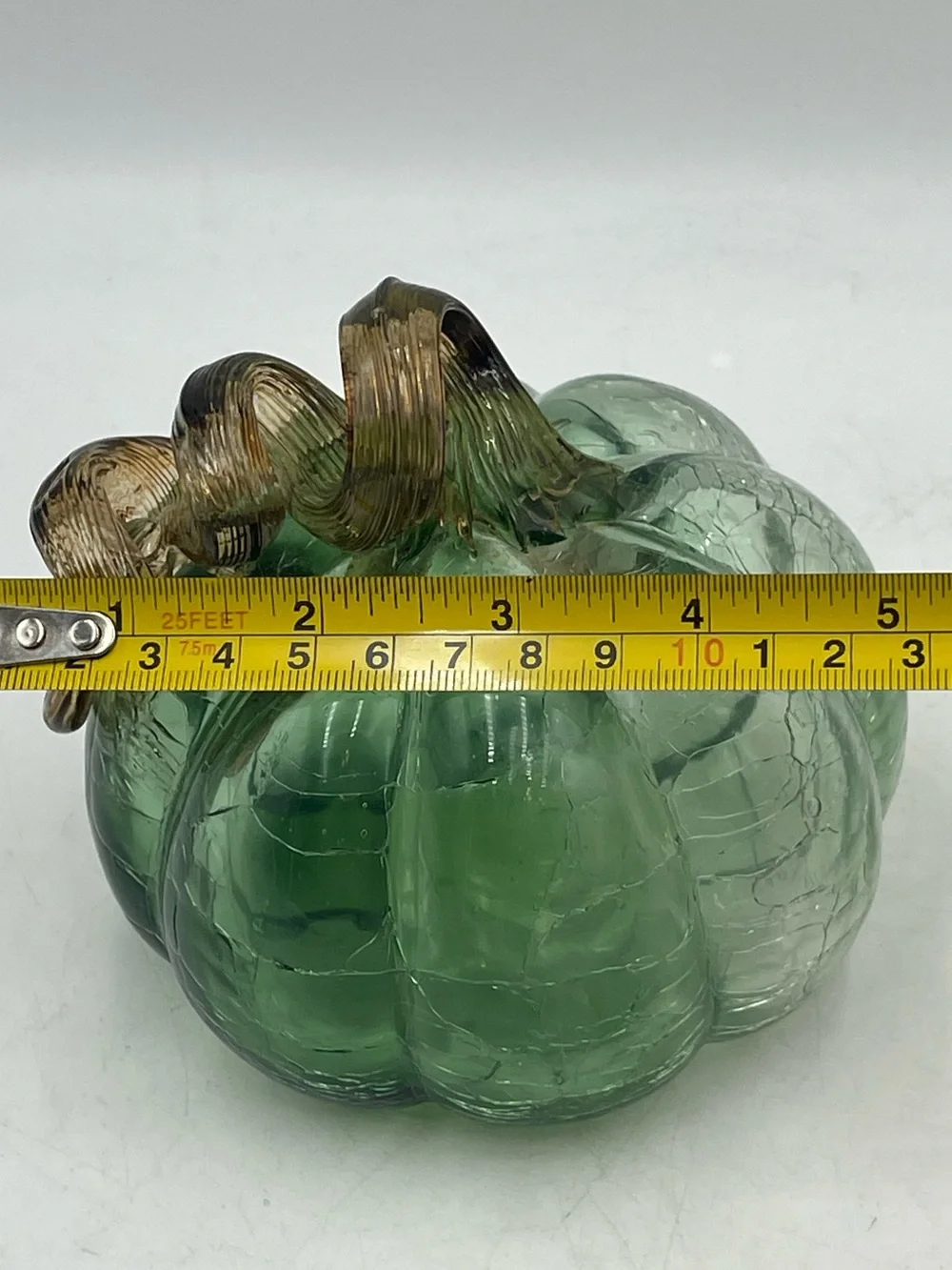 Vintage Hand Blown Green Ombre Crackle Art Glass Pumpkin with Amber Twisted Stem